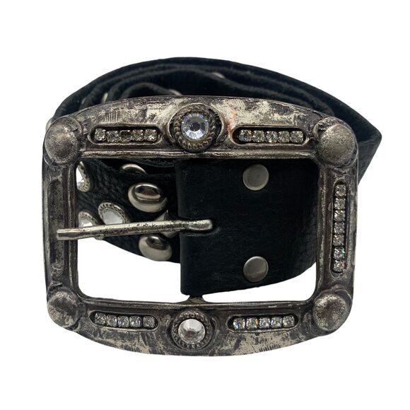 Leatherock Black Leather Studs Rhinestone Women Buckle Belt - Sz Small 33 main image 4